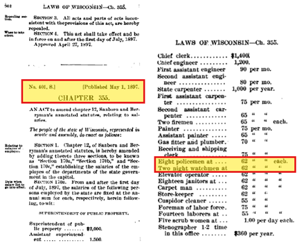 1897 WI State Statute notes officer's paid $62 per month